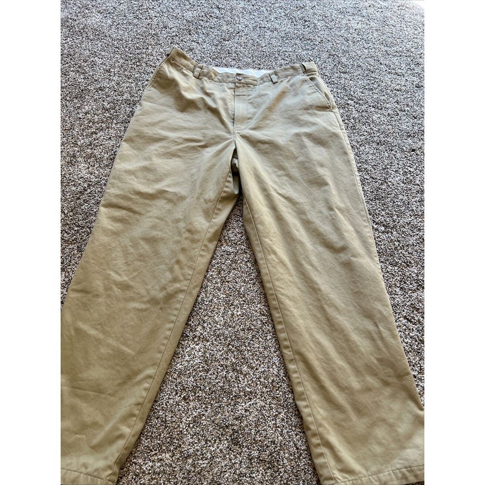 LL Bean Pants Mens 38x32 Tan Khaki Flat Front Chino Plaid Flannel Lined Trousers